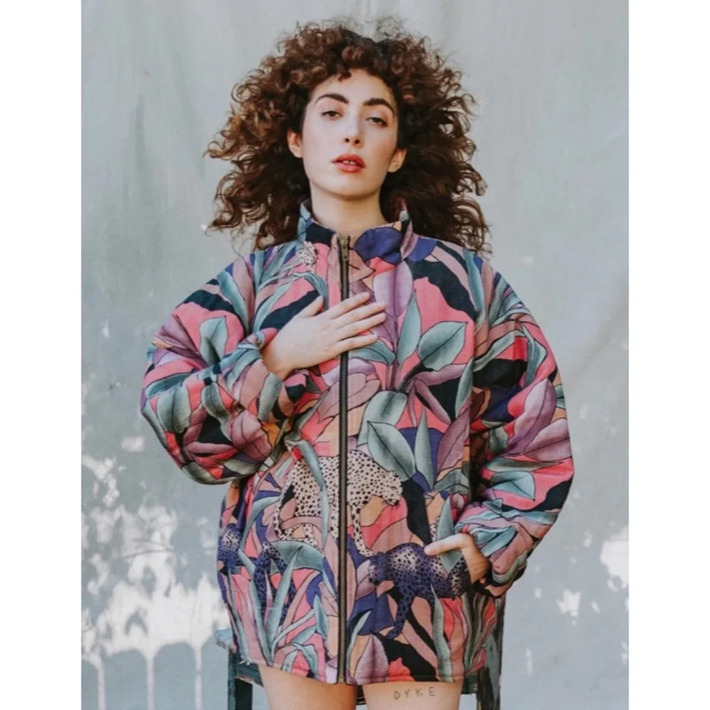 MARI + FÄTOU • Ayah Cats and Leaves Print Oversized Bomber Jacket, S/M - Picture 1 of 16